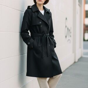 Womens Black London Fog Lined Rain Coat, Trench Coat Sz PM Belted, Warm,